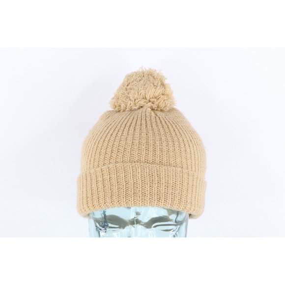 NOS Vintage 90s Streetwear Blank Ribbed Knit Pom Winter Beanie Hat Tan Womens